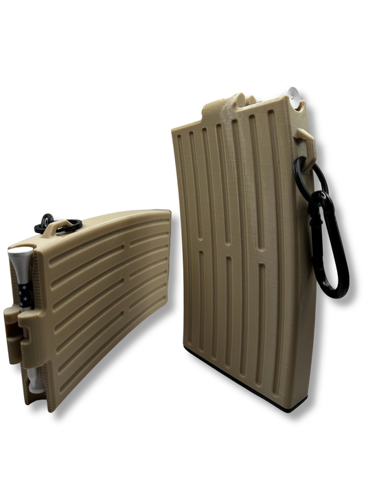 Tan golf tee dispenser and tee holder for golf bags, a practical golf accessory and unique golf gift that keeps tees organized on the course.