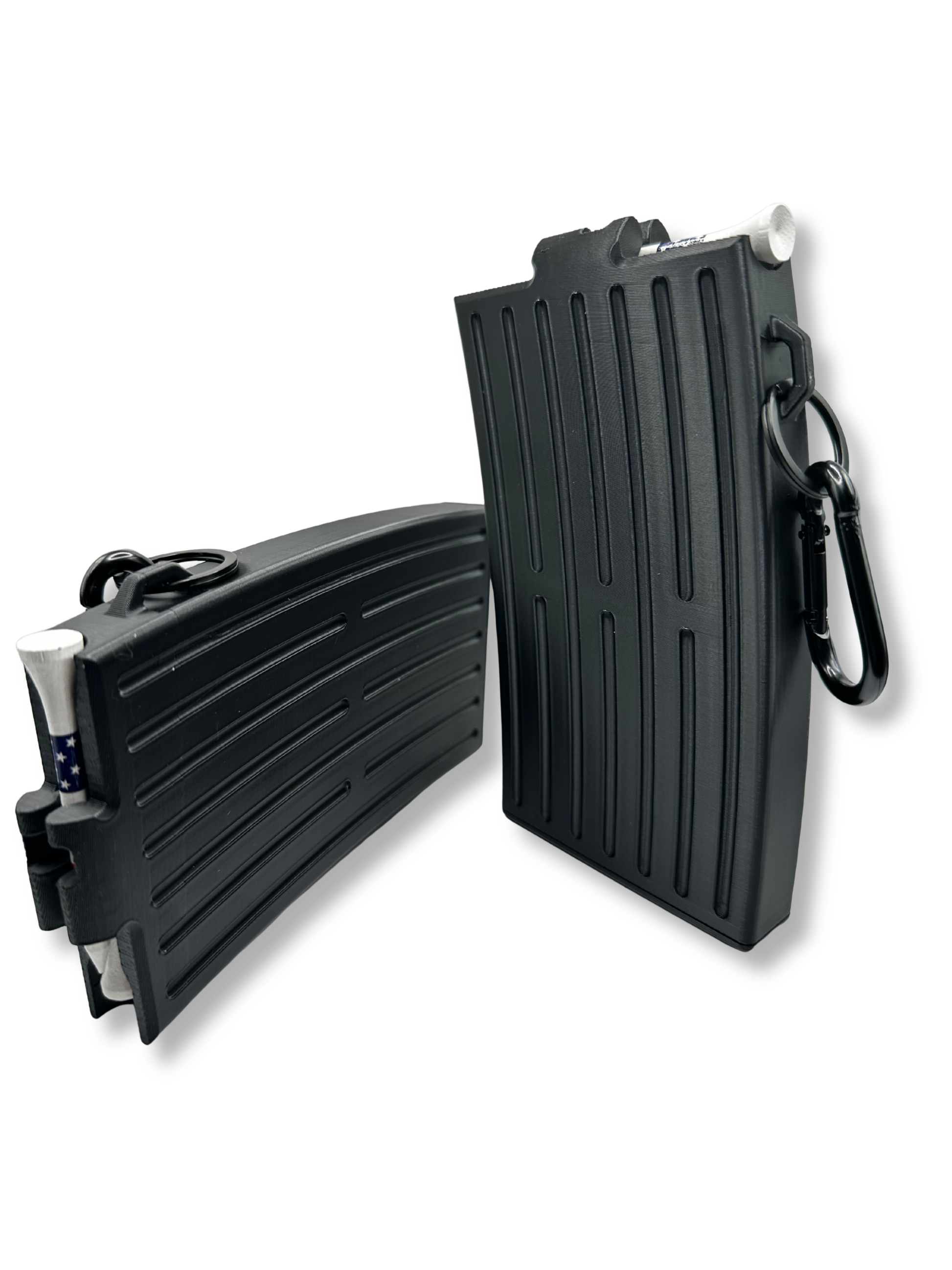 Black golf tee dispenser and tee holder designed to attach to golf bags, a durable golf accessory and perfect golf gift for keeping tees organized.