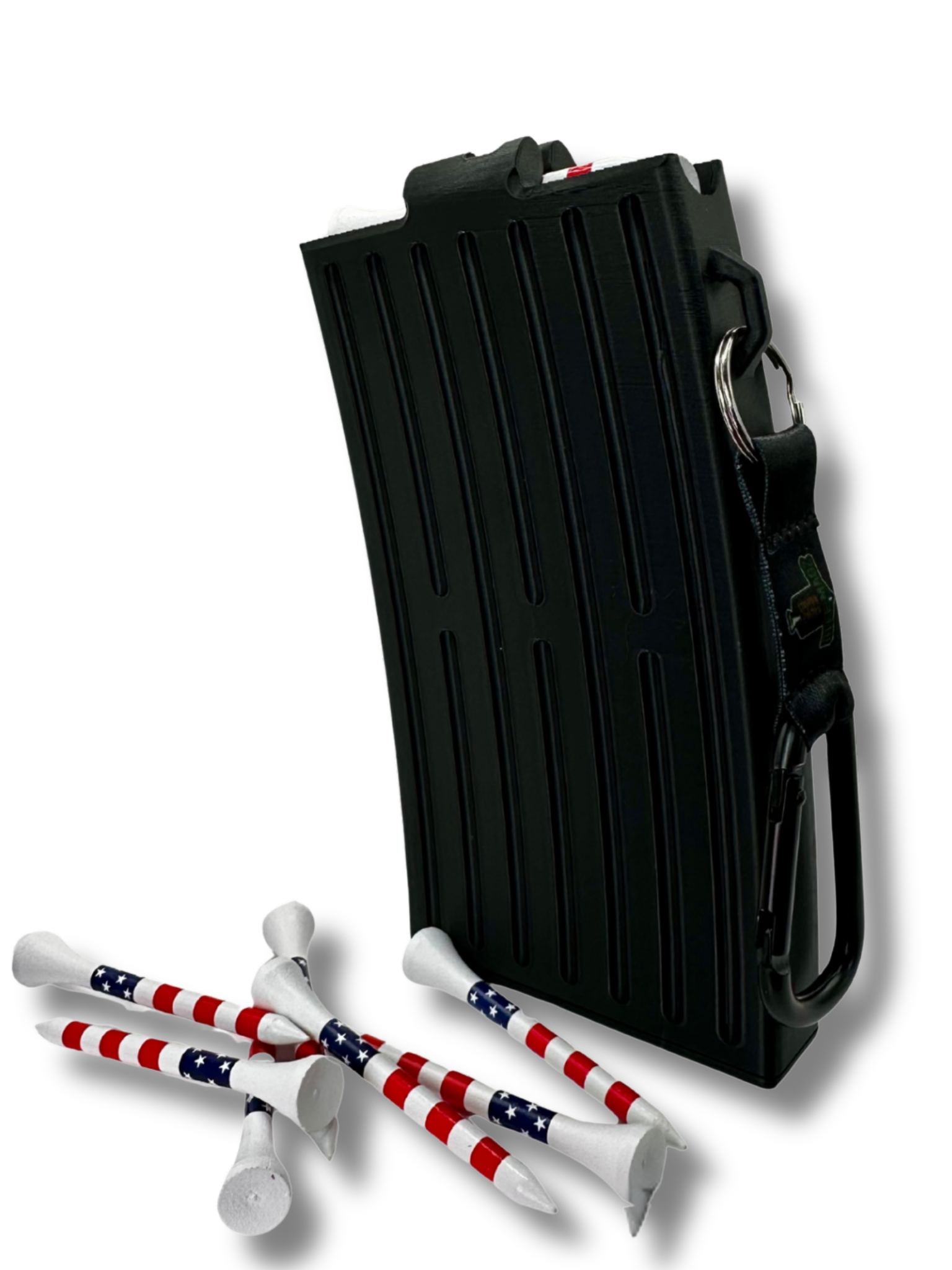 GTee-Magz golf tee dispenser clipped to golf bag, clip-on tee holder holding 10 golf tees, premium golf accessory and golf gift