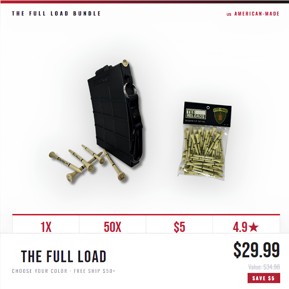 GTee-Magz Full Load Bundle featuring the tactical golf tee dispenser and 50-pack Tee Reloads, American-made spring-loaded tee holder that clips to any golf bag
