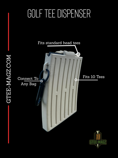 GTee-Magz golf tee dispenser in white, shown with labels highlighting features: fits 10 standard head tees, connects to any golf bag with clip. Compact golf accessory for easy tee storage and access.