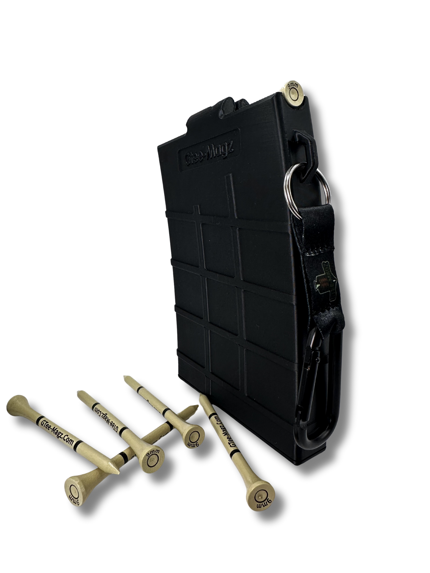 Black golf tee dispenser in a tactical design, with bullet designed golf tees. 