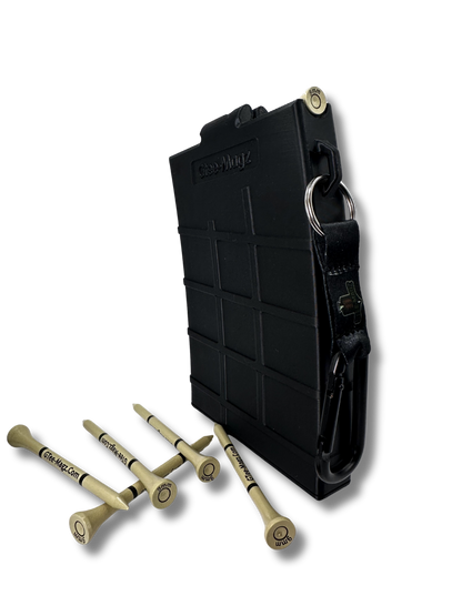 Black golf tee dispenser in a tactical design, with bullet designed golf tees. 