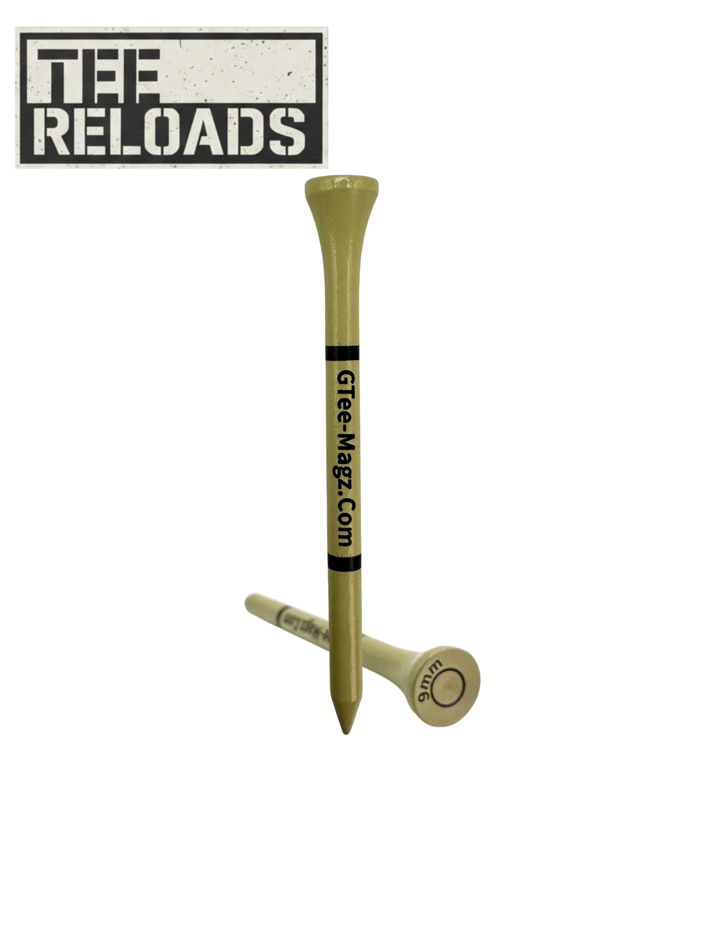 Two golf tees with a visible brand logo on a white background with cap with bullet painted Tee reloads