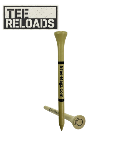 Two golf tees with a visible brand logo on a white background with cap with bullet painted Tee reloads