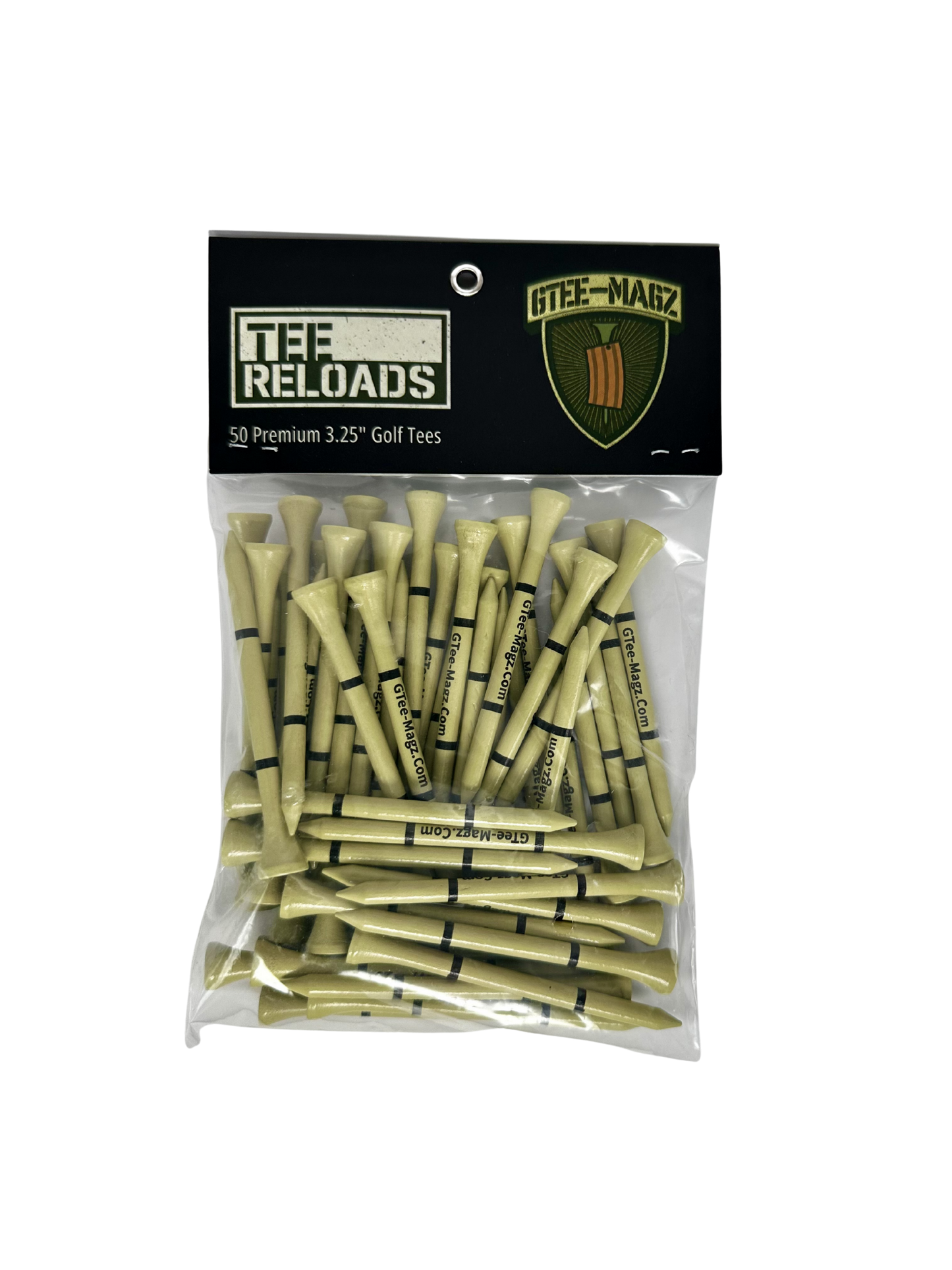 Pack of golf tees with 'Tee Reloads' branding on a white background
