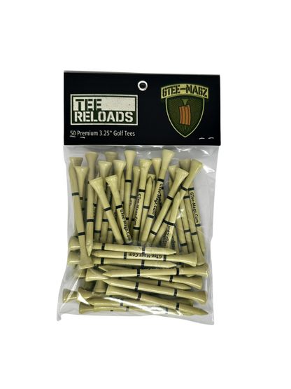 Pack of golf tees with 'Tee Reloads' branding on a white background